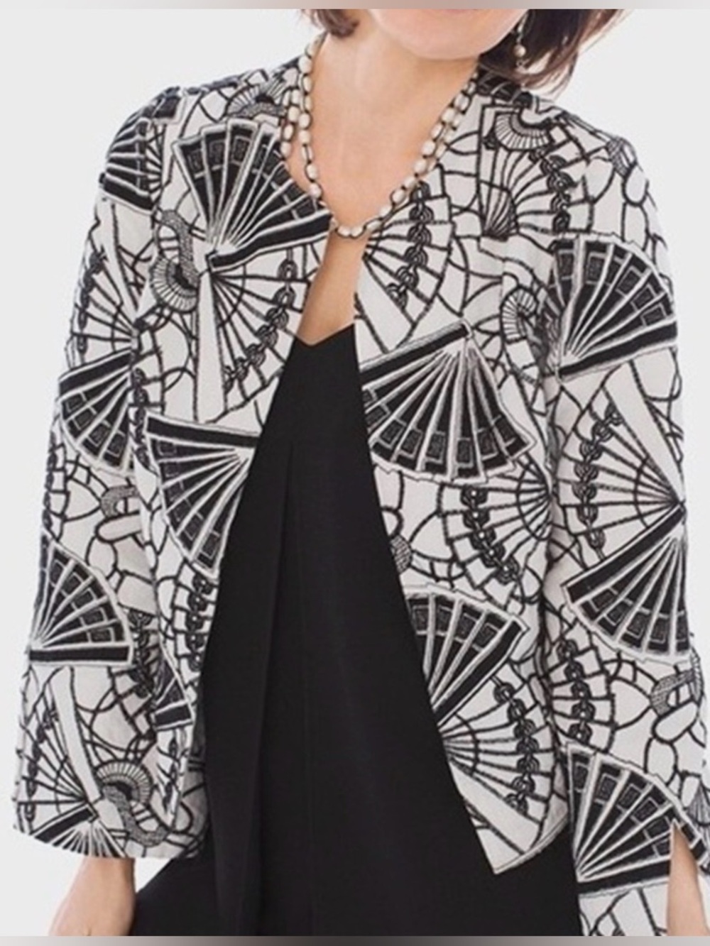 Women’s Chico's Black Label Linen Embroidered Fan Blazer Jacket Size 1 (M/8)